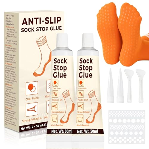 Teenanseen Sock Stop 2 Pack Transparent Waterproof Sock Glue for Bath Mat Anti Slip Socks Carpets Blankets Washable Sock Stop Anti Slip Adhesive with Tip Applicator to Enhanced Grip