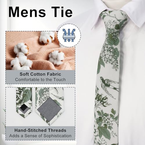 Image of Luckyvestir Ties for Men, Sage Green Cotton Floral Tie 2.76 inch Flower Printed Men's Neckties for Wedding /Groomsmen /Suit /Party