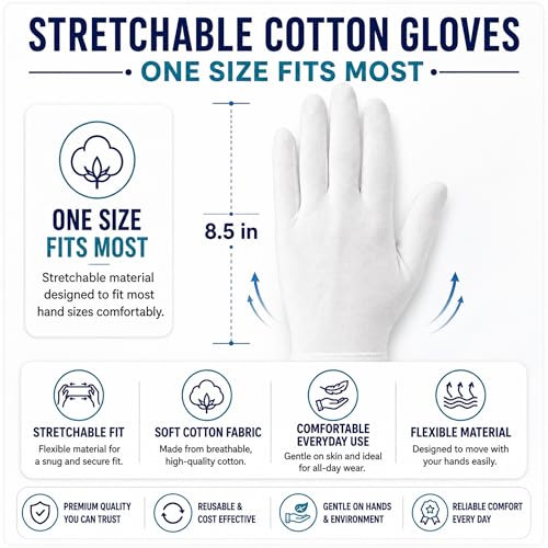Image of AM Safe-X Premium White Cotton Gloves for Men & Women | Lightweight Breathable Knitted Gloves | Soft Stretch Fit | Reusable Hand Protection for Driving, Gardening, Warehouse & General Use | 5 Pair