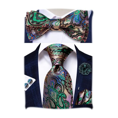 Image of Hi-Tie 5Pcs Mens Solid Color Silk Tie Satin Pretied Bowtie Lapel Pin for Men Handkerchief Cufflink Wedding Gift Box