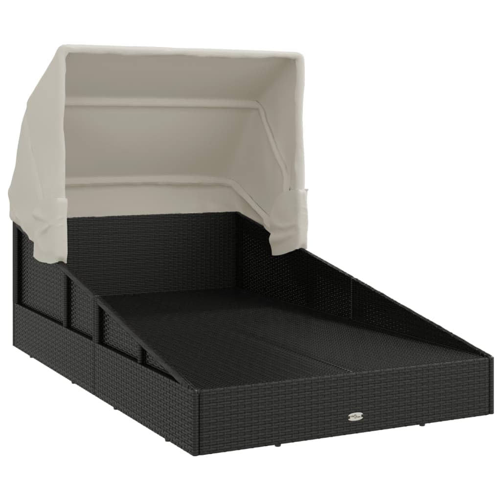 Lettino da giardino con tetto pieghevole, nero, 200 x 114 x 128 cm, in polyrattan, con tetto e protezione solare, per terrazza, balcone, piscina, spa, relax all'aperto