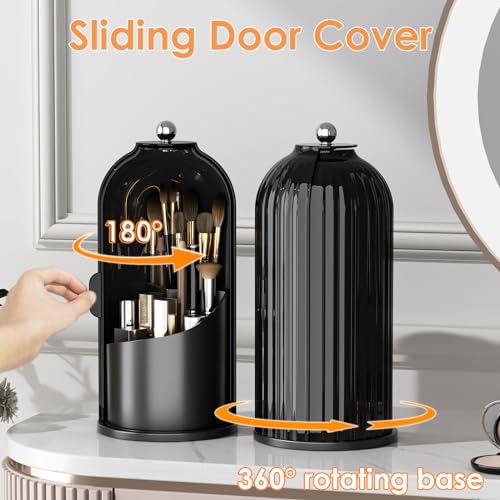 Image of YOOLENS Makeup Brush Holder with Lid 360 Rotating Clear Dustproof Make Up Organizers for Vanity Bathroom Countertop, All Black