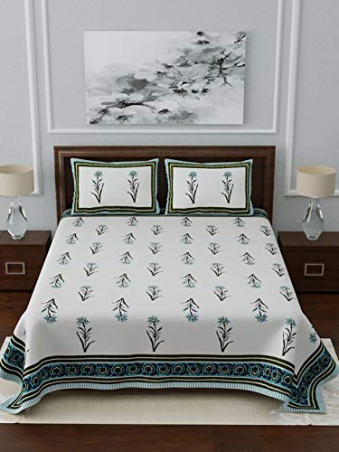 Image of Living Roots Ethnic Rajasthani /Jaipuri /Sanganeri Block Print 100% Cotton Super King Size 100 * 108 Bedsheet with 2 Pillow Covers (40A)