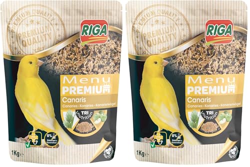 Riga - Menú Premium para Canarios - Mezcla de Semillas, Cereales y Proteínas Vegetales - Concepto Tri-Nutricional - Ayuda al Funcionamiento Intestinal Óptimo - 1 kg (Paquete de 2)