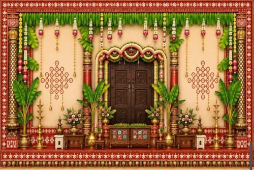 Image of varalakshmi Backdrop Cloth for Decoration Pooja | Decoration Backdrop Vintage Door | Divine Gruhapravesam Backdrop Mango Leaf Toran and Decorative Main Door 8x8 Feet