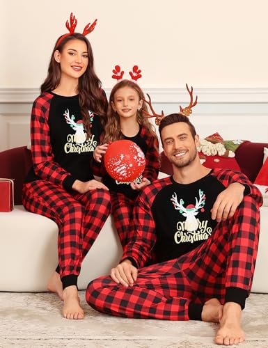 SWOMOG Christmas Matching Couple Pajamas Sets Family Xmas Jammies Casual Long-Sleeve Sleepwear Sets Festival PJ Set Women and Men Gold Letter Deer Large3