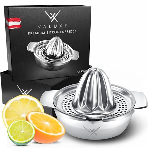 VALUXE® Premium Zitronenpresse Edelstahl - Zitruspresse für Zitronen, Limetten & Orangen mit 350ml Behälter - Manuelle Limetten-Presse, Lemon Squeezer spülmaschinengeeignet