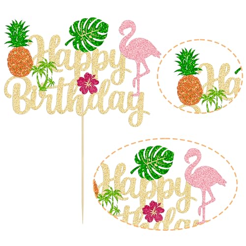 Ephlyn EPH-2022-050-6 1Pc Tropical Luau Happy Birthday Cake Topper Glitter Palm Tree Flamingo Pineapple Aloha Cake Pick Decorations For Hawaiian Luau Theme Birthday Party Supplies thumb #2