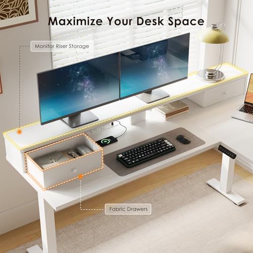 Image of Casaottima 59 Inch Electric L-Shaped Standing Desk with Drawers, Height Adjustable Stand Up Corner Desk with Monitor Stand, Lift Table for Home, Office, Workstation, White