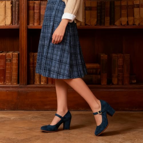 Image of SHODENSE Women Vintage Chunky High Heel Mary Jane Shoes Round Closed Toe Ankle Strap Dress Sandals 3 inch Block Heels Mary Jane Lolita Pumps Two-Toned Patchwork Buckle Office Lady Wedding Retro 4-11 M US