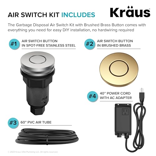 Image of KRAUS Garbage Disposal Air Switch Kit with 2 Flat-Top Push Buttons in in Spot-Free Stainless Steel and Brushed Brass, AC Adapter, Power Cord, and Air Tube Included, KWDA-200BB
