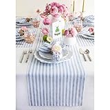Solino Home Stripe Linen Table Runner 48 inches Long – 100% Pure Linen 14 x 48 Inch Table Runner, Sky Blue and White Amalfi Stripe – Small Coffee Table Runner for Spring, Easter, Summer