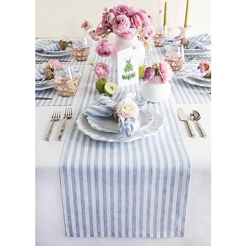 Solino Home Linen Table Runner 48 Inches - Amalfi Stripe 100% Pure Linen Sky Blue and White Table Runner 14 x 48 Inch Ideal for Dresser and Coffee Tables - Spring, Easter, Mothers Day