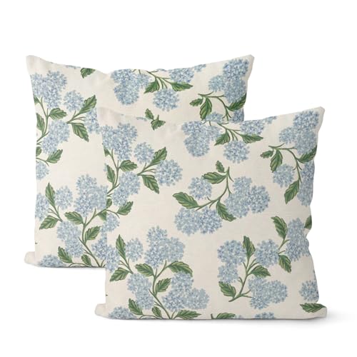 DAFENA Spring Pillow Covers 18x18 Inch 2 Pcs Blue Green Hydrangea Flower Decor Throw Pillows Vintage...