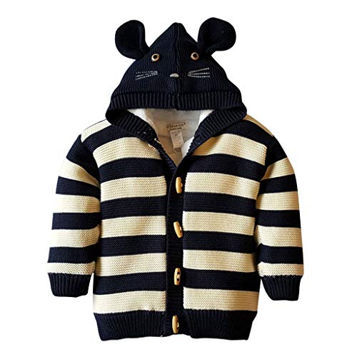 Baby Boys Hooded Cardigan Jacket Long Sleeve Striped Knitted Sweater Toddler Winter Warm Outerwear Navy