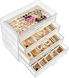 Mebbay Acrylic Jewelry Organizer, Clear Jewelry Box with 4 Drawers, Velvet Rings Earring Necklace Bracelet Display and Storage Case for Women, Beige