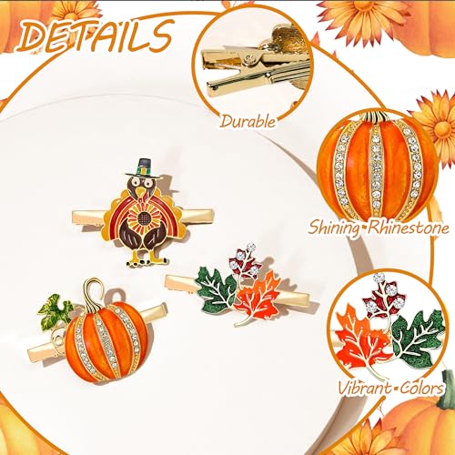 Image of 6 Pack Thanksgiving Fall Hair Clip for Women Enamel Rhinestone Harvest Turkey Pumpkin Maple Leaf Hairpins Thanksgiving Autumn Party Hair Accessory Gifts