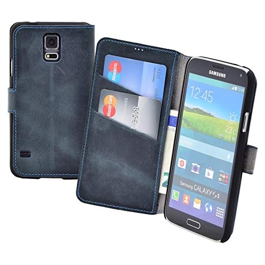 Book-Style läderväska väska för Samsung Galaxy S5 Neo (SM-G903F) * äkta LEDER* mobiltelefonväska Case skal (original Suncase) i pebble-blue