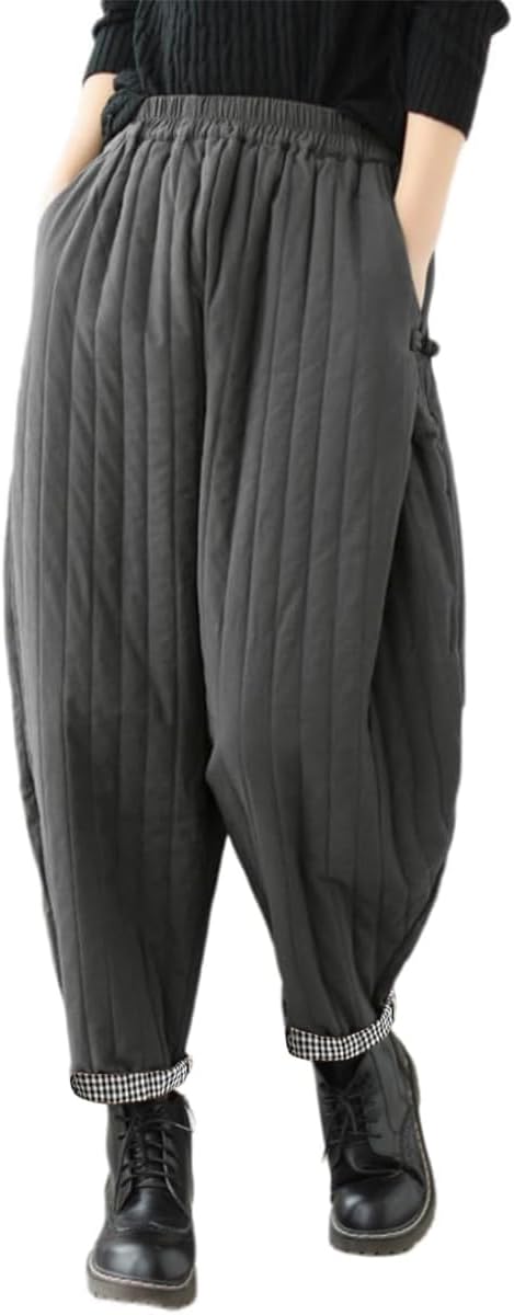 WROLEM Women Winter Warm Down Cotton Pants Thicker Padded Quilted Pants Relaxed Fit Wide Leg Trousers with Pockets