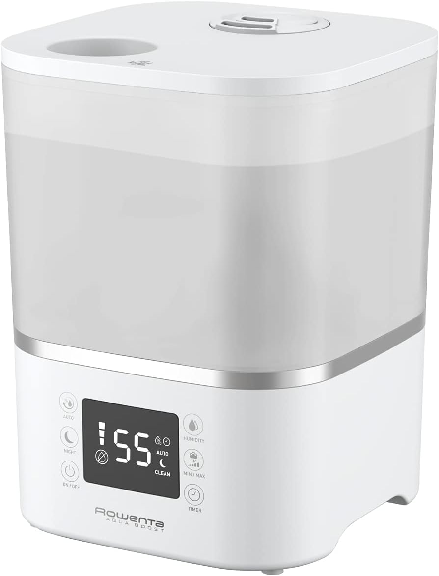 Rowenta Aqua Boost, Humidificador de 2,5 L, 3 programas, vapor caliente, compacto, silencioso 30 dBA, hasta 15 h de funcionamiento, temporizador hasta 12 h, apagado automático, HU4020