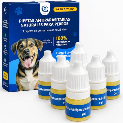 Pipetas Antiparasitarias Naturales para Perros Medianos 10-25 KG | Pipetas Antipulgas y Garrapatas con Aceites Esenciales de Citronela - Protección Externa hasta 4 Semanas - Pack 12 | CE EVI