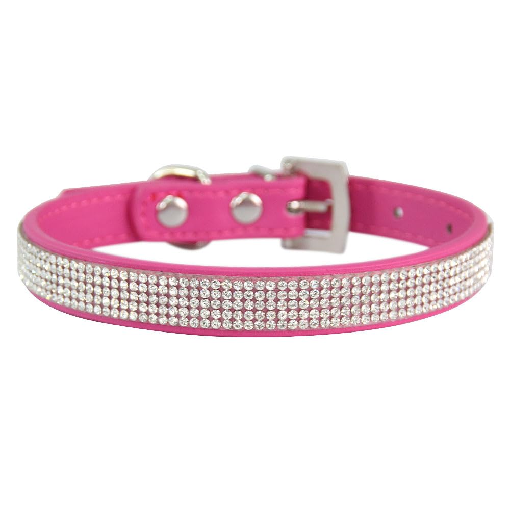 Bright Pink Crystal Dog Collar Adjustable - Sparkly Rhinestone Pet Collar with Comfortable PU Leather for Small Medium Dogs & Cats, Vibrant Gift