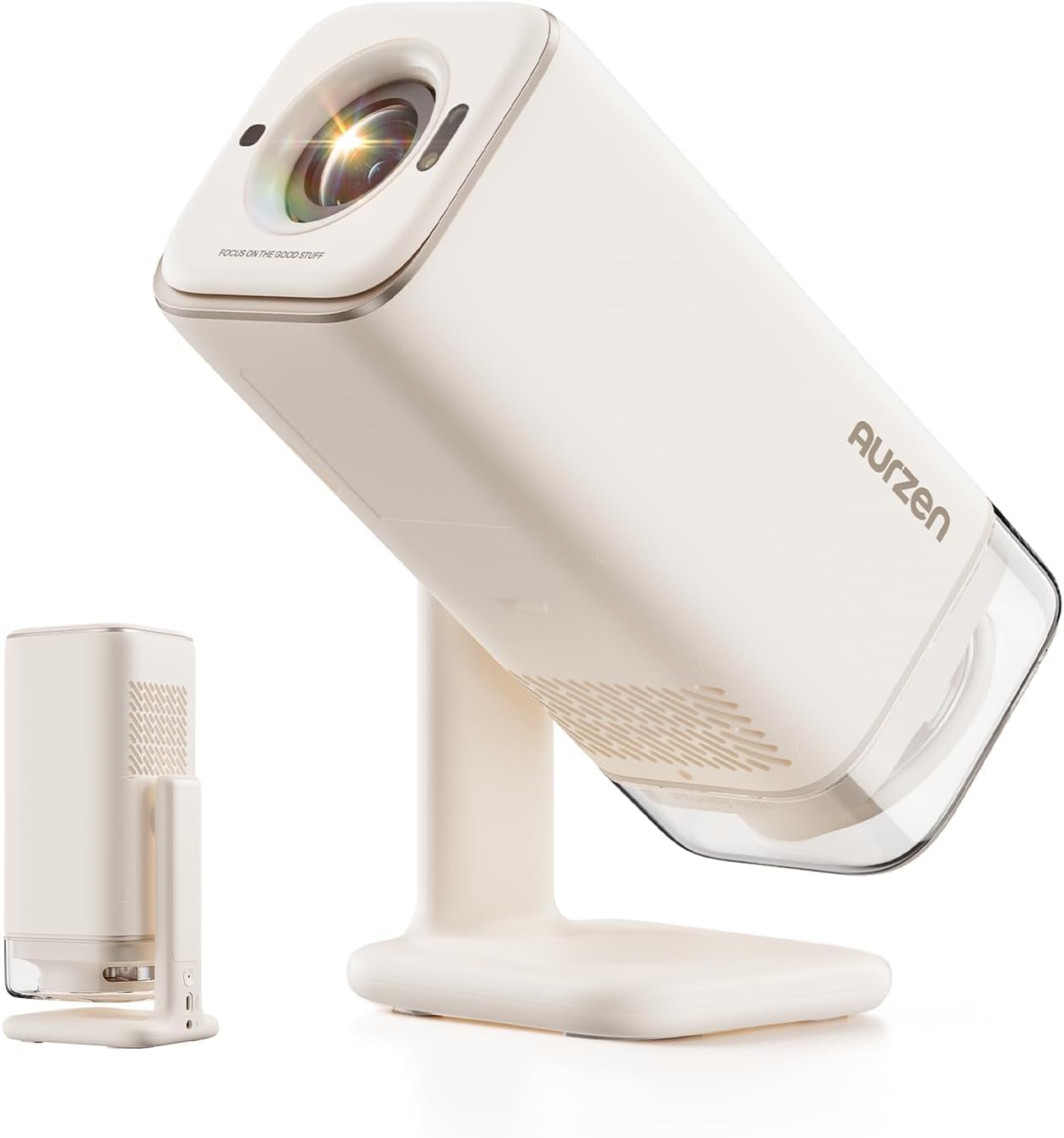Aurzen Boom Air Proyector Portátil con Google TV, Compatible con 4K, Recargable por USB-C, Smart Projector - Dolby Audio, Mini Proyector Bluetooth y WiFi, Autofoco TOF, Soporte Giratorio, Blanco Creme