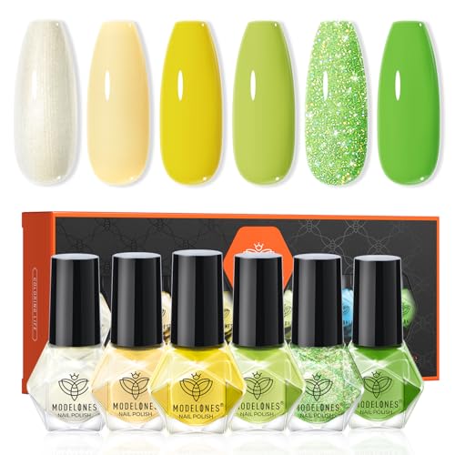 modelones Green Nail Polish, 6 Colors Yellow White Glitter Quick Dry Nail Polish Set Mini Finger Long Lasting Fast Drying Manicure DIY Nail Art Home Salon Gift For Women Girls