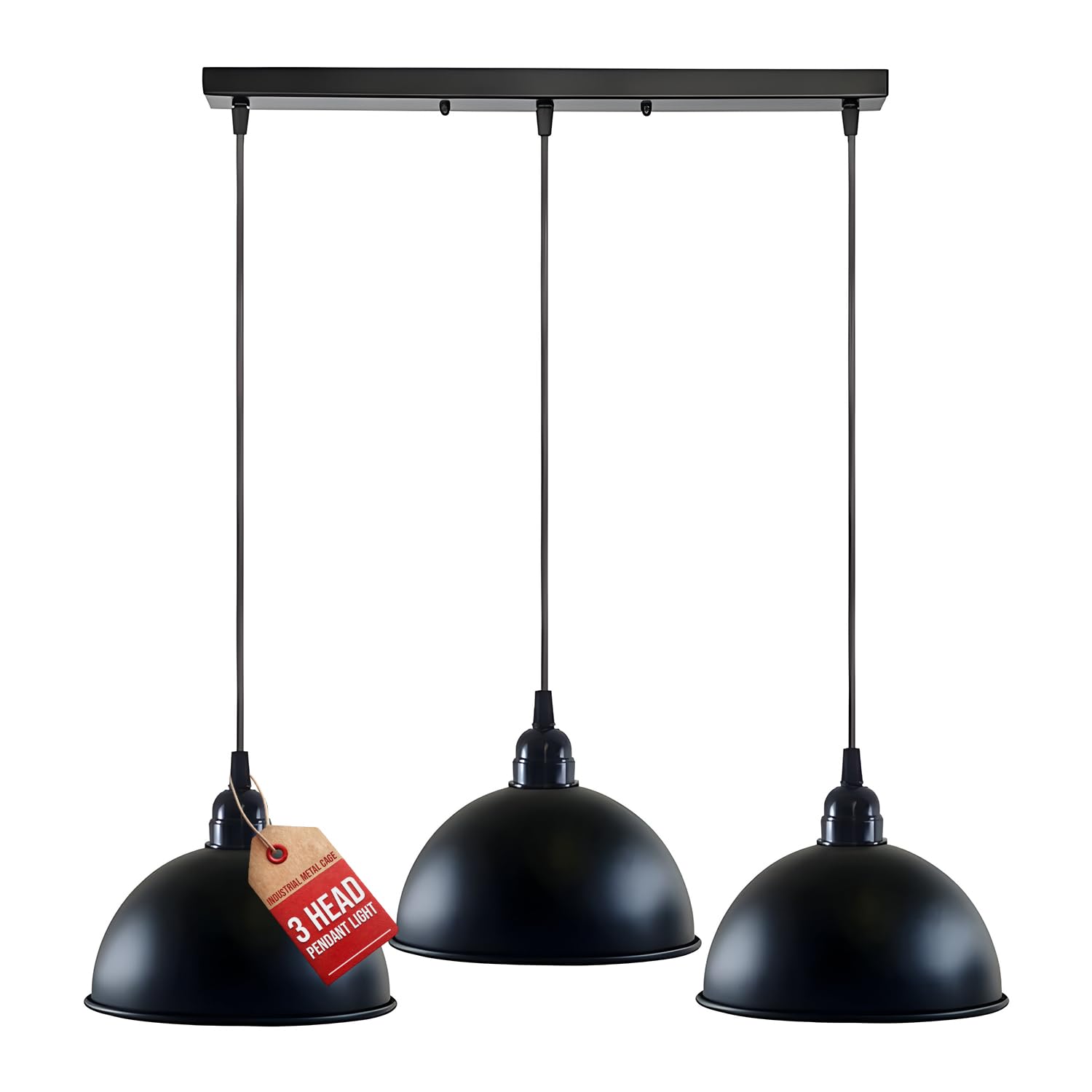 LEDSone Vintage Style 3 Light Pendant Ceiling E27 Base 21W Dome Shaped Metal Industrial Lighting Indoor Fitting Adjustable Replacement Hanging Fixture for Dining Table Livingroom Loft Kitchen (Black)