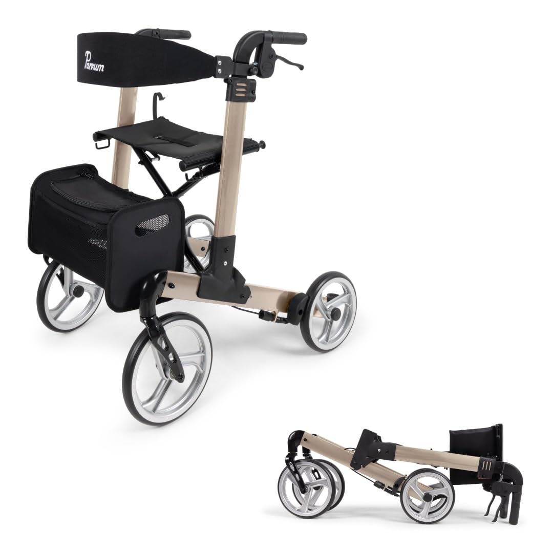 Luxo Rollator - Leicht & 2-fach faltbar – Mit integriertem Bremssystem, gepolsterter Sitz- und Rückenlehne, Tasche, Stockhalter – 6,9 kg – Gehhilfe für Senioren 160-182 cm - Champagner, Medium