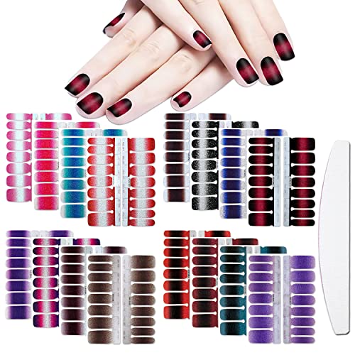 WOKOTO 16 Sheets Gradient Adhesive Nail Polish Stickers Strips with 1Pc Nail File Glitter Nail Art Stickers Wraps Manicure Kit