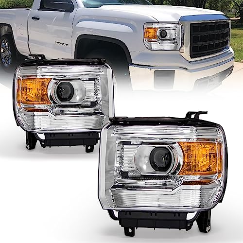 AS Headlight Assembly for 2014 2015 2016 2017 2018 GMC Sierra 1500HD 15-19 GMC Sierra 2500 3500HD Headlights with Chrome Housing Amber Reflector (Not Fits Factory LED DRL or HID)