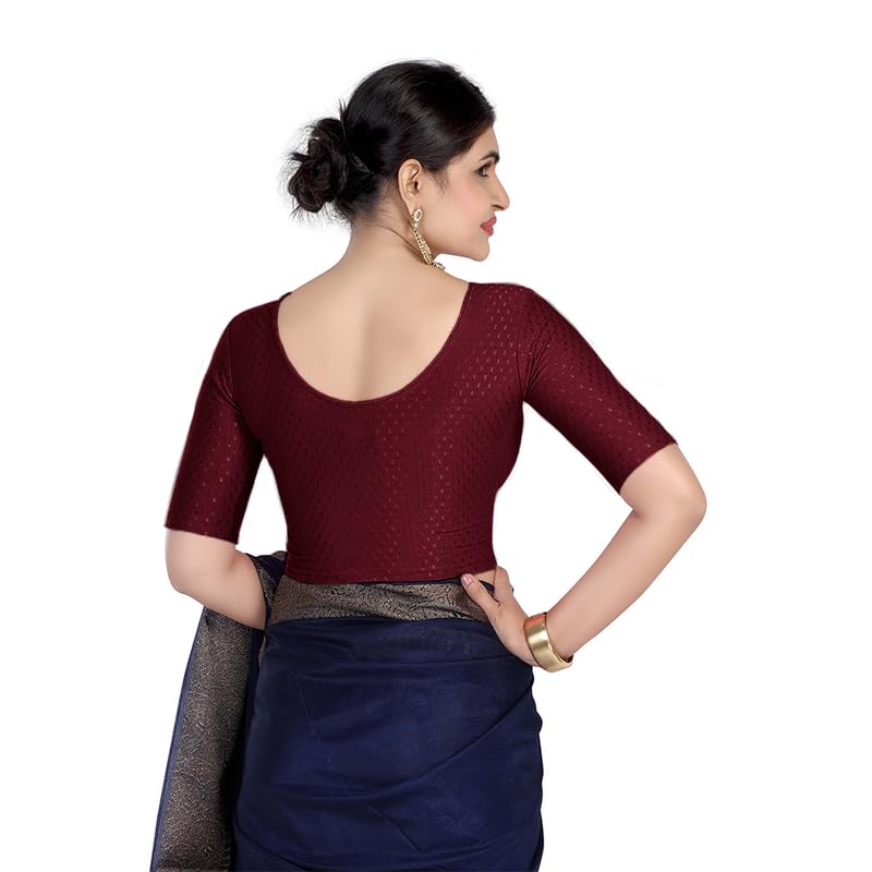 Image of FINESTFIT Round Neck Stretchable Elbow Sleeve Readymade Saree Blouse for Women, 100% Cotton Dobby Fabric