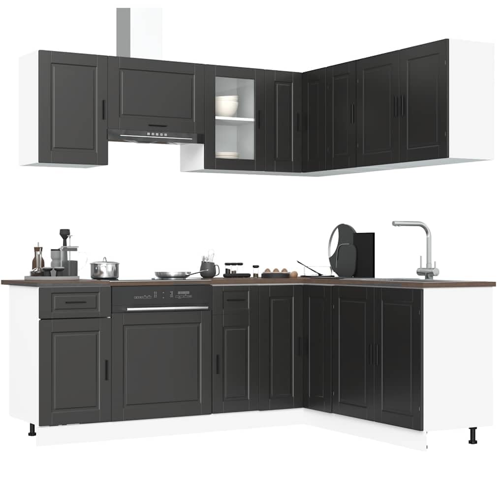 Set di mobili da cucina Porto da 11 pezzi, mobili da cucina moderni in legno con vetro, inclusi mobiletti inferiori, pensili, armadio angolare e mobiletto sottolavello
