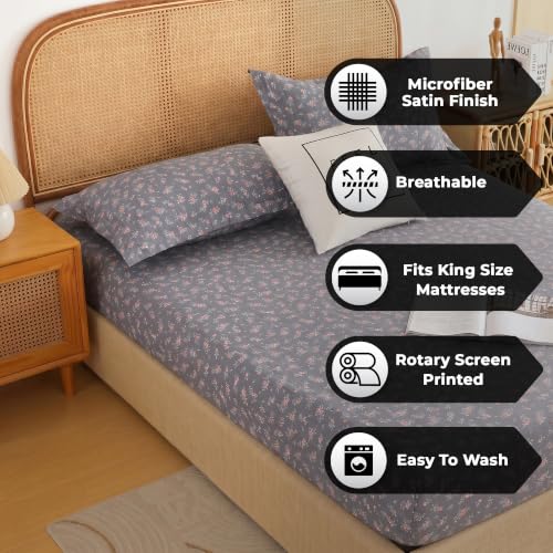 Image of Story@Home King Size Air Cotton Fitted Bedsheet 240 TC Fitted Sheet with 2 Pillow Covers, Soft & Durable Bed Sheet for King Bed (182 x 198 cm, Floral Print, Dark Grey)