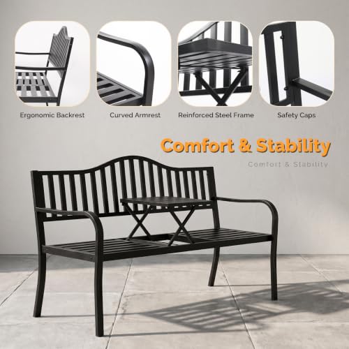 Image of VINGLI 59 inch Outdoor Metal Bench Patio Bench with Built in Table Park Bench Garden Bench, Outside Benches Weather Proof Front Porch Bench for Yard Lawn Decor Deck