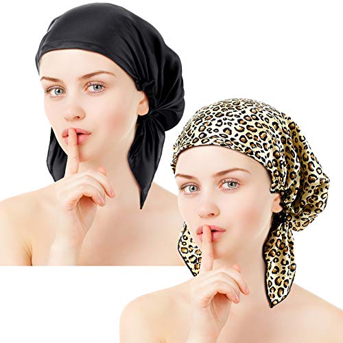 2 Pieces Women Real Silk Night Sleeping Cap Smooth Bonnet Cap with Ribbon (Stylish Pattern)