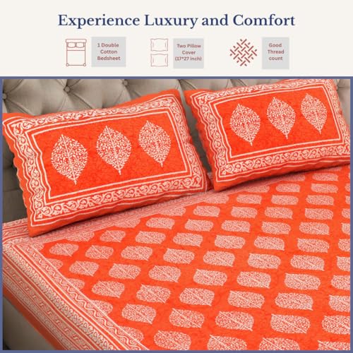 Image of JAIPUR PRINTS 100% Cotton Bedsheet for Double Size Bed bedsheets Rajasthani Jaipuri Printed Double Size Bedsheet with 2 Pillow Cover / 90x100 inch / 235x215 cm / (Orange)