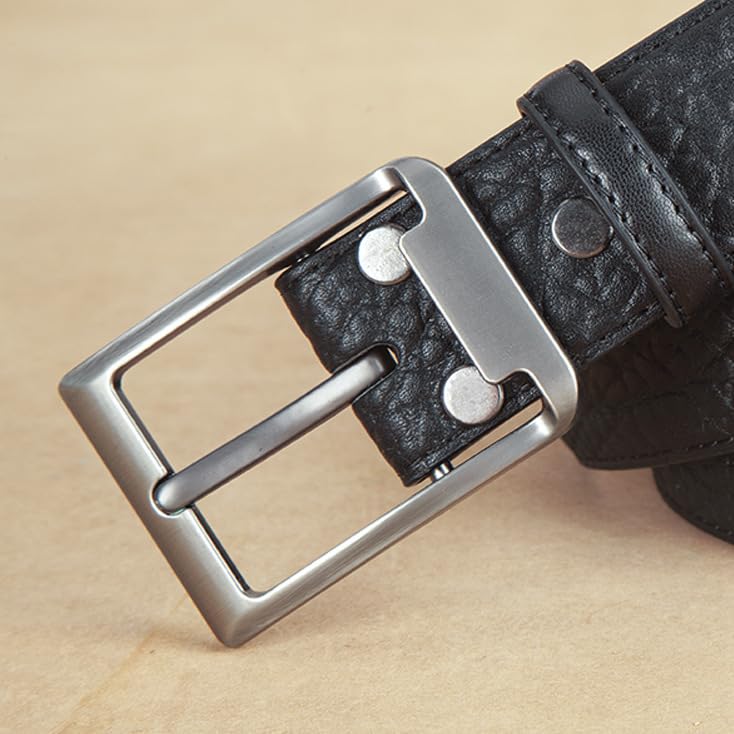 Men's Textured Leather Belt with Silver Buckle, Black, Genuine Leather4