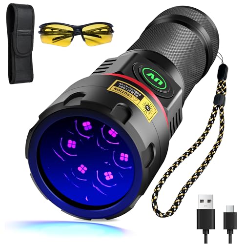DARKBEAM Linterna Luz Negra UV 365nm Ultravioleta Lamparas 6 LEDs [4 núcleos], Recargable Potente 80W Blacklight   Detector para Orina de Mascotas, detección de fugas, Epoxy Resina, Mineral, Sangre