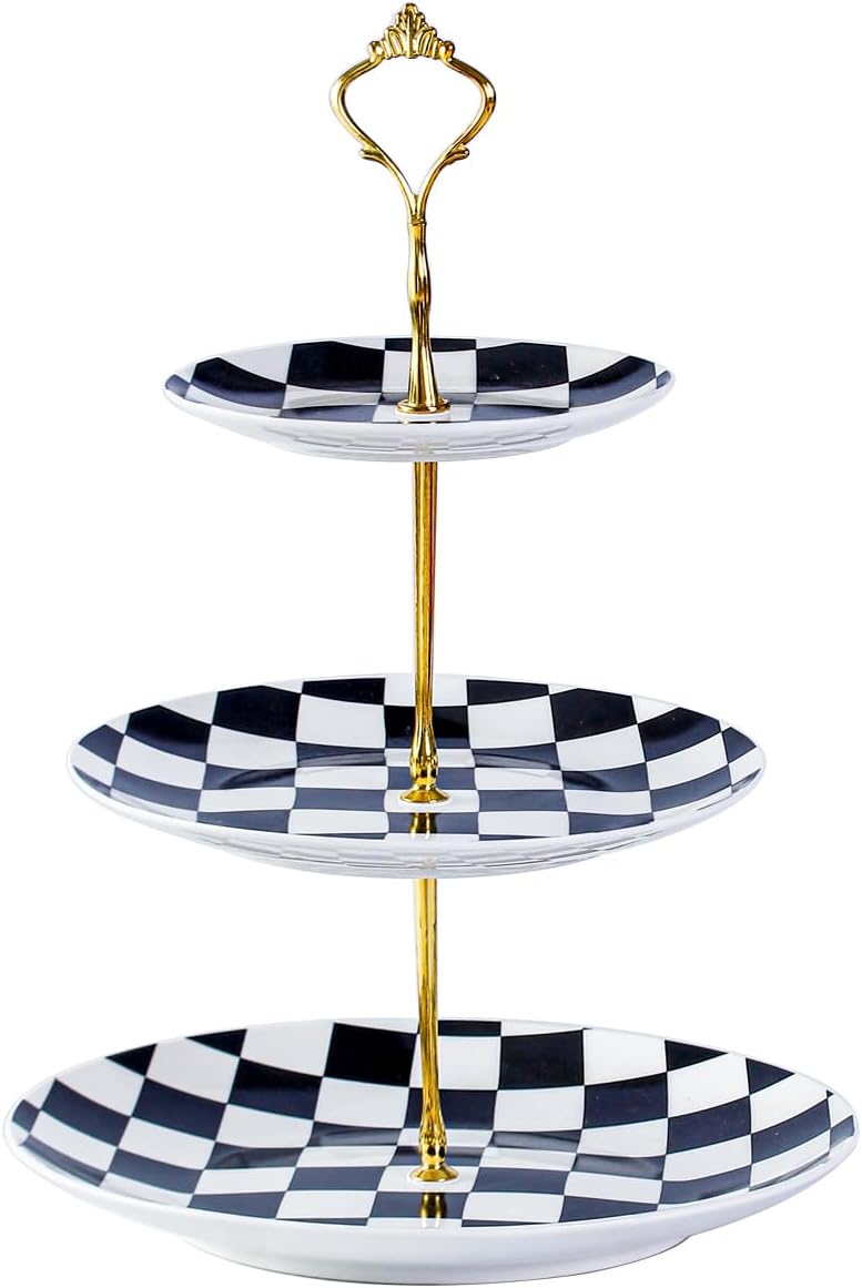 3 Tier Checkered Ceramic Cupcake Stand, Tiered Serving Cake Stand, Porcelain Cake Platter, Embossed Dessert Stand, Weddings Parties Pastry Serving Tray (Black)