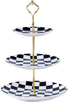 3 Tier Checkered Ceramic Cupcake Stand, Tiered Serving Cake Stand, Porcelain Cake Platter, Embossed Dessert Stand, Weddings Parties Pastry Serving Tray Black