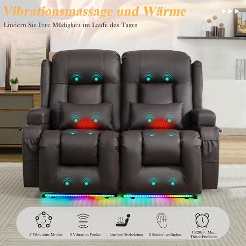 LIFTSHA Zweisitzer Relaxsessel mit Liegefunktion, Fernsehsessel Elektrisch Verstellbar mit Heizung & Vibrierende Massage, TV Sessel Heimkino Sitze mit Mittelkonsole, Kunstleder, Dunkelbraun – Bild 6
