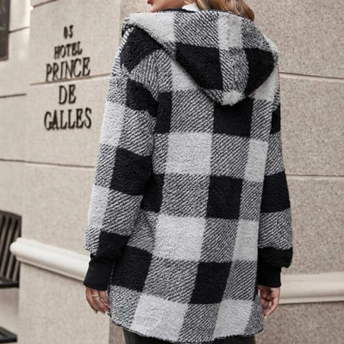 Womens Winter Coats Warm Plush Hooded Jackets Zip Up Button Cardigan Trendy Plaid Fleece Fuzzy Outerwear2