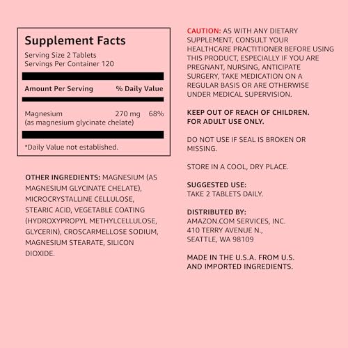 Image of Amazon Elements - Chelated Magnesium, 240 Tablets, 270 mg per Serving, as Magnesium Glycinate Chelate, Vegan (Pack of 2)