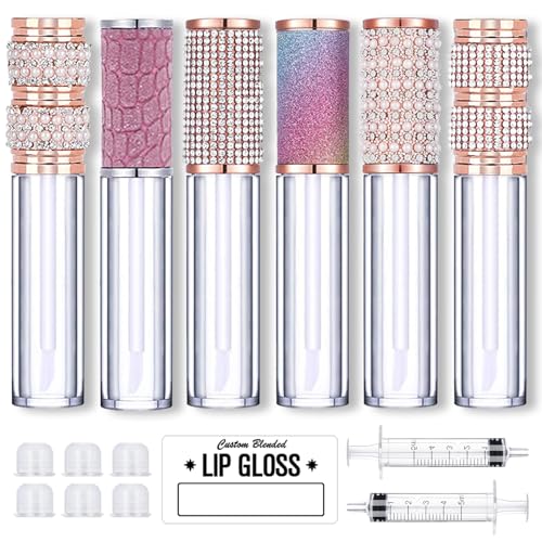 AMORIX 6pcs Lip Gloss Tubes with Wand 5ml Empty Rhinestone Lip Gloss Containers Cute Lipgloss Bottles Crystal Lip Gloss Supplies Kit with Syringe for DIY Lip Gloss Base