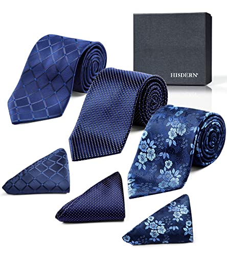 Image of HISDERN Mens Ties Extra Long Tie and Pocket Square Set 63 Inch XL Tie Pack Collection Present Box Necktie Lot 3 PCS