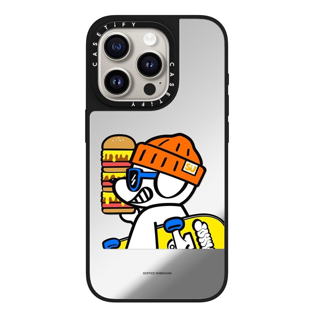 CASETiFY MagSafe 対応ミラー iPhone 15 Pro ケース [反射性 / 1.5mからの落下試験をクリア / MagSafe に対応] - What's UP JOHN! (Mega burger) - シルバー (ブラックバンパー)