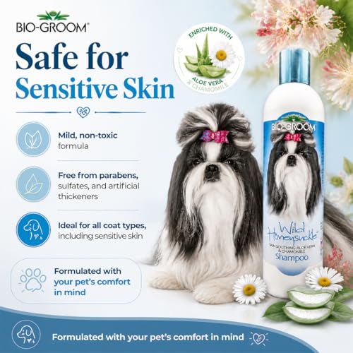 Image of Bio-Groom Wild Honeysuckle Dog Shampoo - Natural Scent Pet Shampoo, Aloe Vera, Chamomile, Cat & Dog Bathing Supplies, Puppy Wash, Cruelty-Free, Made in USA, Quick Rinse Cat Shampoo - 12 fl oz 1-Pack
