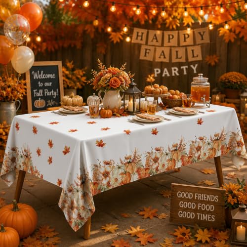 Image of ATFUNSHOP Fall Thanksgiving Tablecloth 8 Packs Plastic Disposable Table Cloth 54x108 Rectangle Table Cover with Pumpkin & Maple Leaf for Holiday Dinner Party Decorations Outdoor Picnic & Baby Showers